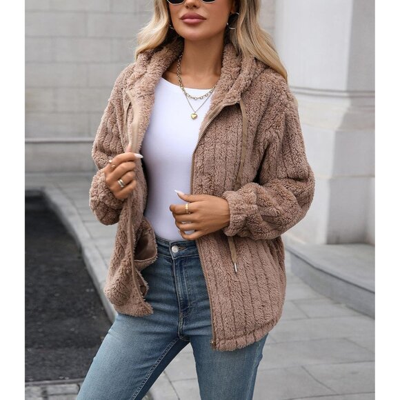 Womens Fleece Jacket Fall Winter Full Zip Sherpa Coat with Hood S-5XL - Picture 2 of 6